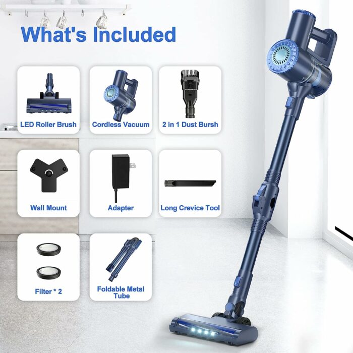 PRETTYCARE Cordless Vacuum Cleaner, 6 in 1 Lightweight Stick Vacuum Self-Standing with Powerful Suction, 180° Bendable Wand Rechargeable Cordless Vacuum for Hardwood Floor Pet Hair