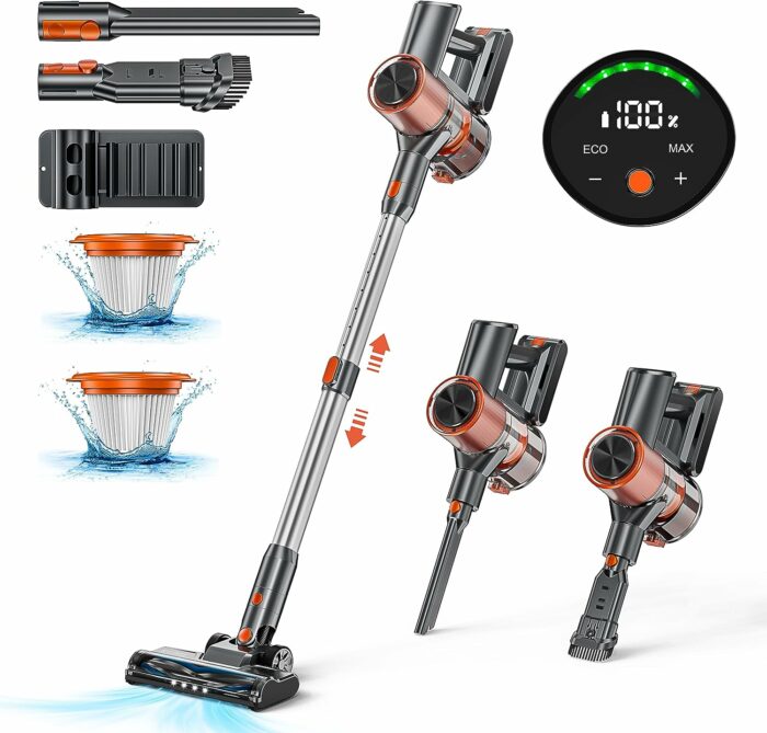 KOHE 23Kpa Cordless Stick Vacuum Cleaner with LED Display, 6-in-1 Lightweight Stick Vacuum,45 Mins Max Runtime,2200 mAh Battery,Powerful 200W Vacuum Cleaner for Home Hard Floor Carpet Pet Hair -V10