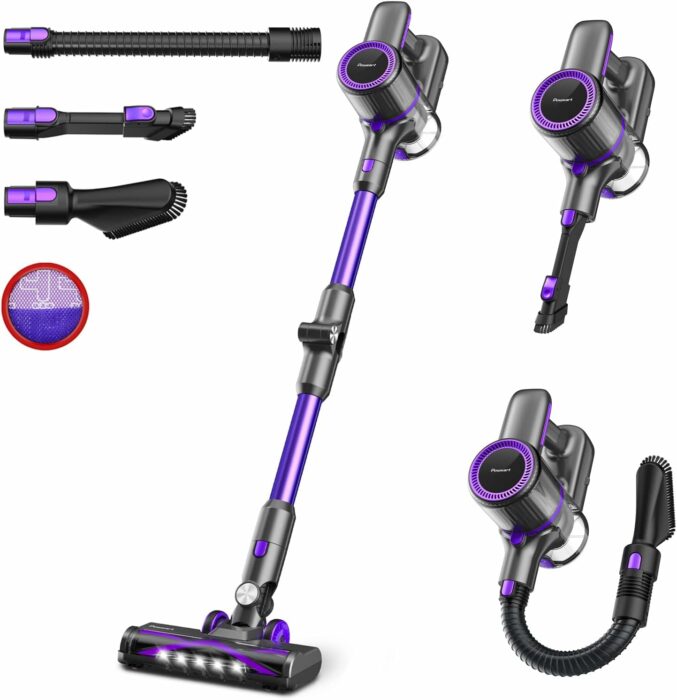 POWEART Cordless Vacuum Cleaner, 8-in-1 Cordless Stick Vacuum 30Kpa Powerful Suction, 8-Cell 2600mAh Battery 350W Rechargeable Vacuum Cleaner Cordless for Hard Floor Carpet Pet Hair - Purple