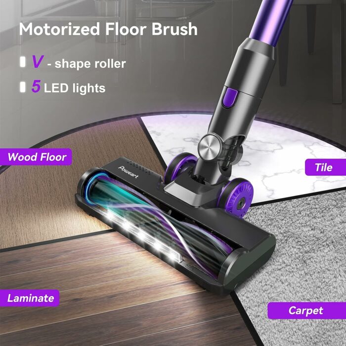 POWEART Cordless Vacuum Cleaner, 8-in-1 Cordless Stick Vacuum 30Kpa Powerful Suction, 8-Cell 2600mAh Battery 350W Rechargeable Vacuum Cleaner Cordless for Hard Floor Carpet Pet Hair - Purple