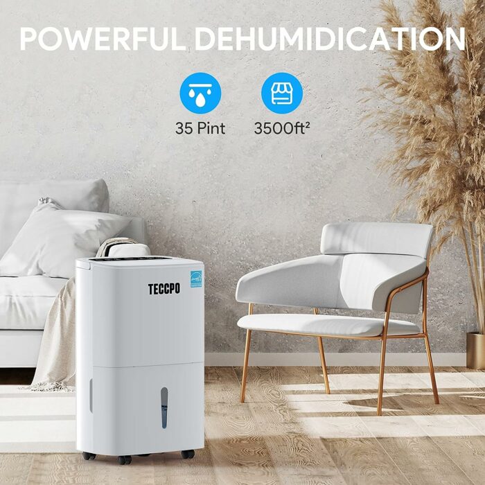 TECCPO 3500 Sq.Ft Dehumidifier, 35 Pint Dehumidifier for Home and Basements, Intelligent Humidity Control, Continuous Draining