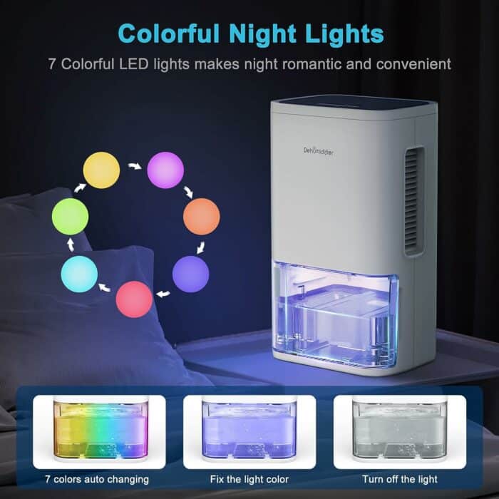 Dehumidifiers for Home Up to 700 Sq.ft, Aiusevo 88oz Ultra Quiet and Portable Dehumidifier with Two Working Mode, 7 Colorful LED Light, Auto-off, Dehumidifiers for Basement, Bedroom, Bathroom, RV