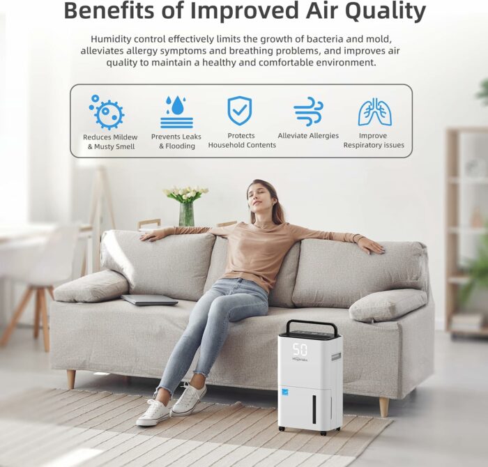 HOGARLABS 3500 Sq. Ft 50 Pint Energy Star Dehumidifier for Home Basements Bedroom Bathroom | Dehumidifiers with Drain Hose for Medium to Large Room | Intelligent Humidity Control | Quiet Energy Efficient