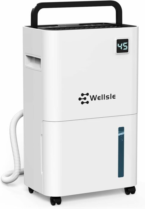 Wellsle 50 Pint Dehumidifier for Home Basements - 3,500 Sq Ft Quiet Dehumidifier with Drain Hose, 0.66 Gallons Water Tank, Wheels and Handle, Washable Filter, for Large Medium Sized Rooms, White