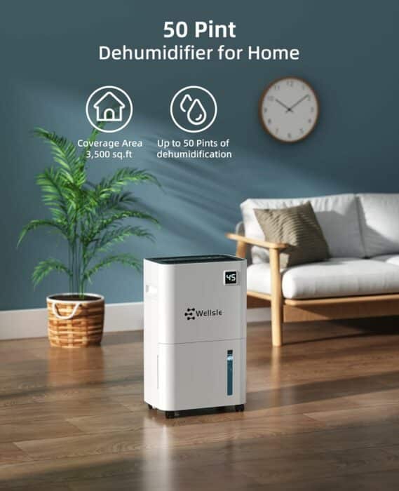 Wellsle 50 Pint Dehumidifier for Home Basements - 3,500 Sq Ft Quiet Dehumidifier with Drain Hose, 0.66 Gallons Water Tank, Wheels and Handle, Washable Filter, for Large Medium Sized Rooms, White