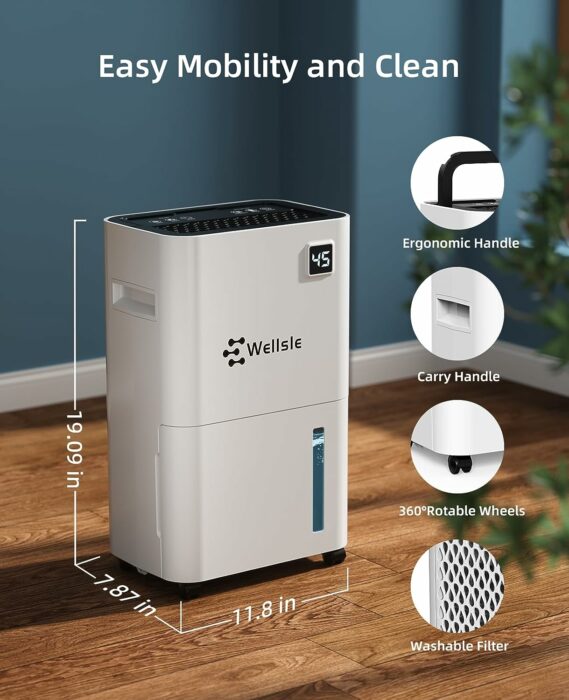 Wellsle 50 Pint Dehumidifier for Home Basements - 3,500 Sq Ft Quiet Dehumidifier with Drain Hose, 0.66 Gallons Water Tank, Wheels and Handle, Washable Filter, for Large Medium Sized Rooms, White