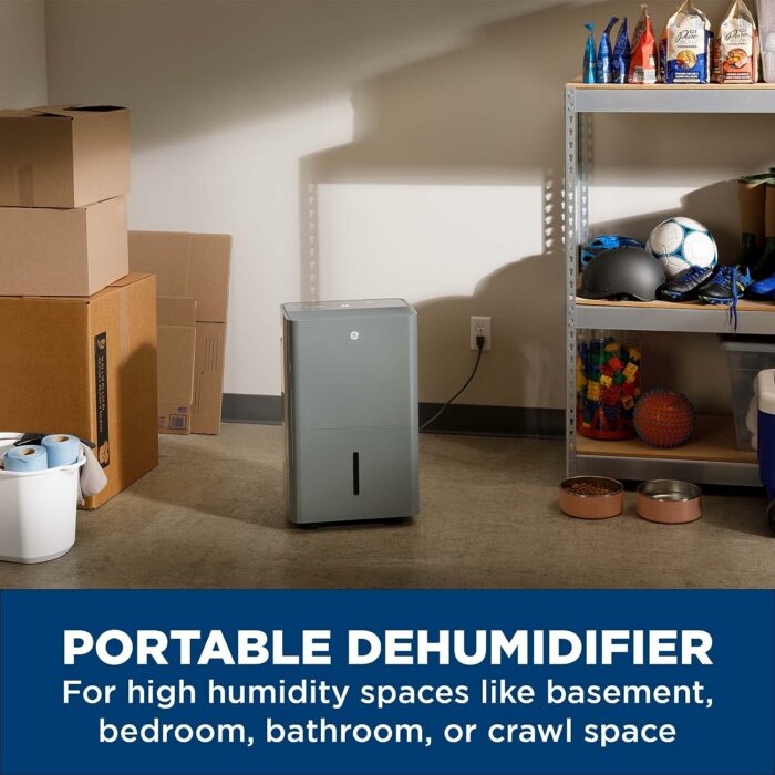 GE Smart Energy Star Portable Dehumidifier w/WiFi for Basement, Bedroom, Bathroom, Garage, Large Rooms up to 4500 Sq Ft, 50Pint w/Removable Bucket Continuous Drain Connect for Auto/Manual Drainage