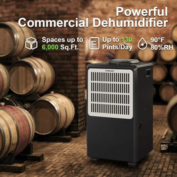 Fehom 130 Pints Dehumidifiers with Drain Hose and 1.32 Gallons Water Tank - 6000 Sq. Ft Dehumidifier with 24 Hr Timer and Clean Washable Filter, Perfect for Large Basements, Bathroom, Bedroom