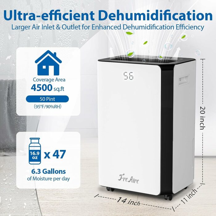 4,500 Sq. Ft. Dehumidifier for Basement Home | FreAire 50 Pint Dehumidifiers with Auto or Manual Drainage for Large Room Bedroom Bathroom | 24H Timer | Humidity Control | 3 Operation Modes | Safe Lock