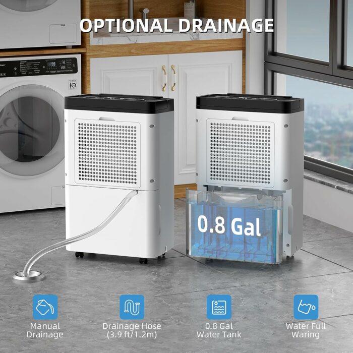 70 Pints Dehumidifier for Home and Basement, 4,500 Sq. Ft. Dehumidifiers with Auto Drain or Manual Drainage, 0.8 gal Water Tank Capacity,Auto Shut off for Room, Bedroom, Bathroom