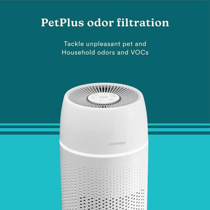 Homedics 5-in-1 PetPlus UV-C Air Purifier - 360-Degree HEPA Filter for 266 Sq Ft, Air Purifiers for Pets, Bedroom, and Home with Essential Oil Pads and Built-In Timer, 3 Speed Settings, White