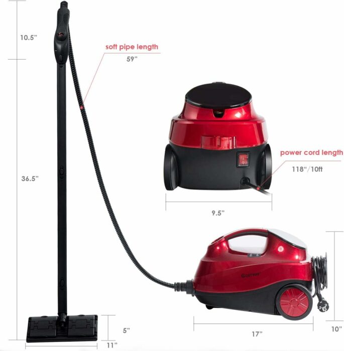 COSTWAY 2000W Multipurpose Steam Cleaner with 19 Accessories, Household Steamer with 1.5L Tank for Cleaning, Heavy Duty Rolling Cleaning Machine for Carpet, Floors, Windows and Cars, Red