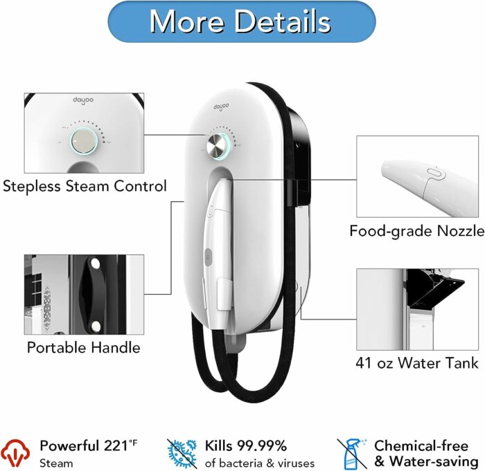 DAYOO Handheld Steam Cleaner - 10s Fast Heating to 221°F, Multifunctional Whole-house Steamer with Food-grade Nozzle for Baby and Pet, Powerful Steam Machine for Cleaning Home Use Hard Floor Car Auto Detailing Garage Grout Tiles Bathroom Upholstery, Wallpaper Removal, Deodorize Remove Stains