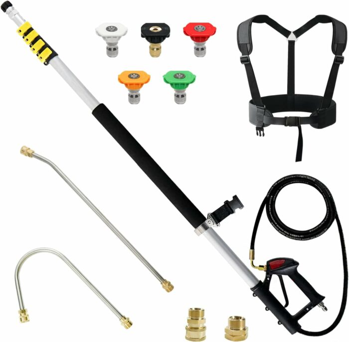 janz Aluminum 24 FT Telescoping Pressure Washer Wand with Pressure Washer Extension Wand,Gutter Cleaner Attachment, 5 Spray Nozzle Tips, 2 Hose Inlet Adapters and Support Harness