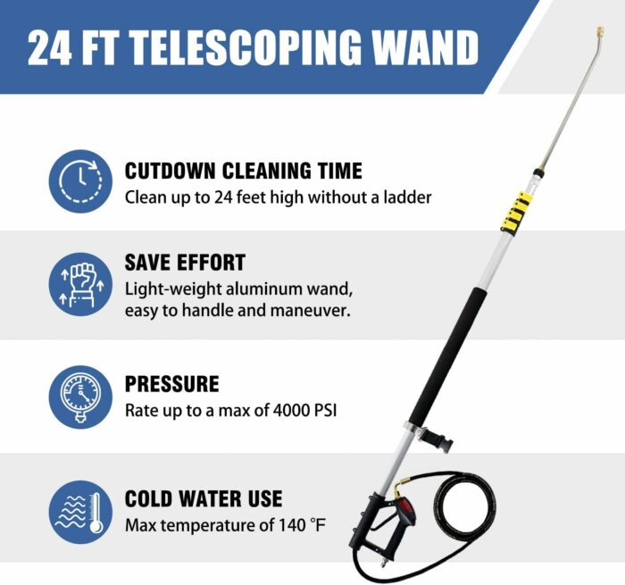 janz Aluminum 24 FT Telescoping Pressure Washer Wand with Pressure Washer Extension Wand,Gutter Cleaner Attachment, 5 Spray Nozzle Tips, 2 Hose Inlet Adapters and Support Harness