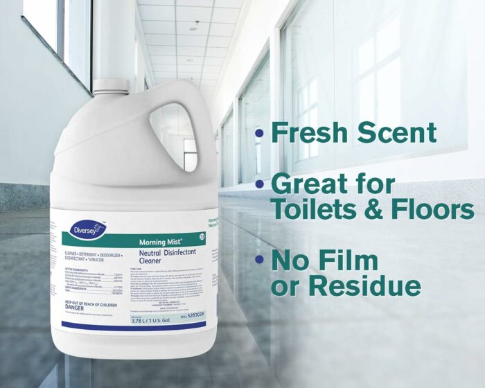 Diversey Morning Mist Fast Neutral Disinfectant Cleaner - Fresh Scent - 1 Gallon Concentrate, 4 Pack (Packaging May Vary)