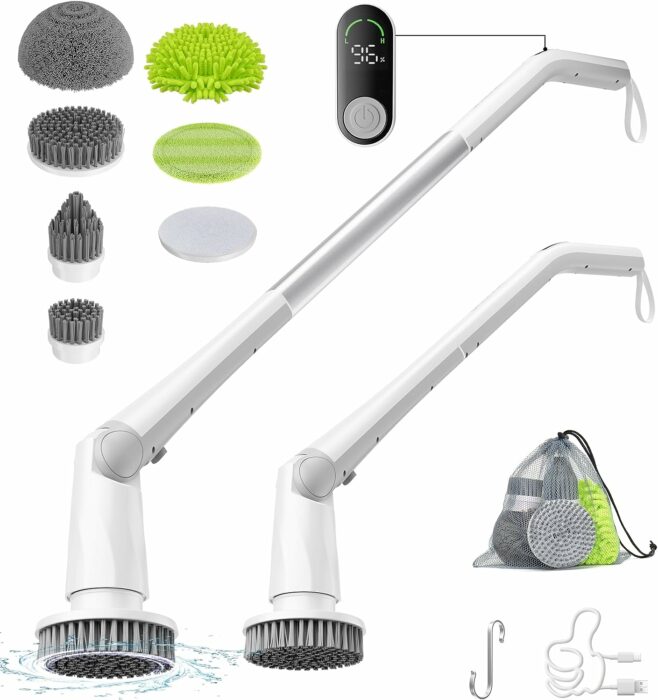 DANKARI Electric Spin Scrubber, Upgrade Cordless Cleaning Household Supplies, 2H for Toilet Shower Floor Grout Bathroom Tile Wall Cleaner 6 Scrub Brush Replacement, Power Spin Mop Kitchen Housekeeping