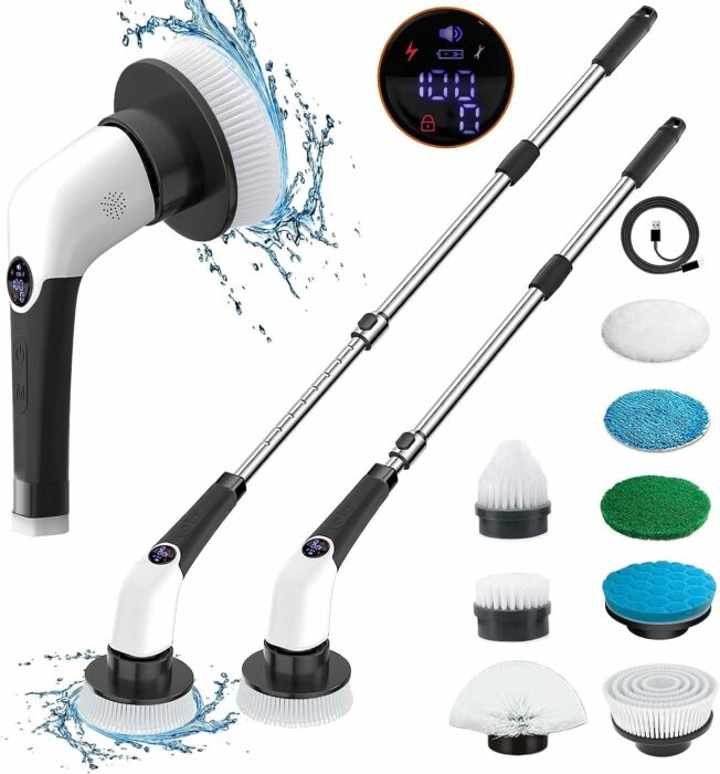 MGLSDeet Electric Spin Scrubber Rechargeable Cleaning Brush with 8 Replaceable Brush Heads, Cordless Electric Brush with Adjustable Extension Handle, Electric Scrub Brush for Bathroom Floor Tile Car