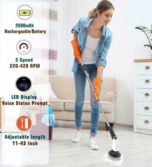 MGLSDeet Electric Spin Scrubber Rechargeable Cleaning Brush with 8 Replaceable Brush Heads, Cordless Electric Brush with Adjustable Extension Handle, Electric Scrub Brush for Bathroom Floor Tile Car