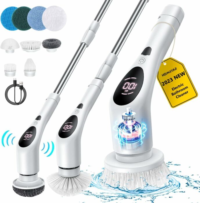 Electric Spin Scrubber,Cordless Shower Scrubber,Power Scrub Brush with 9 Replaceable Brush Head,Portable Cleaning Brush for Bathroom/Floor/Tile,3 Adjustable Extension Long Handle,3 Rotating Speeds