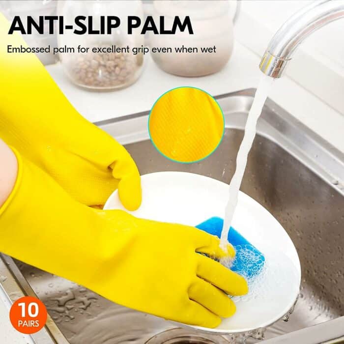 Vgo... 10-Pairs Reusable Household Gloves, Rubber Dishwashing gloves, Extra Thickness, Long Sleeves, Kitchen Cleaning, Working, Painting, Gardening, Pet Care (Size M, Yellow, HH4601)