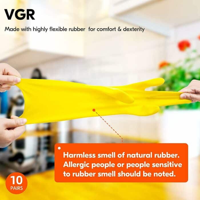 Vgo... 10-Pairs Reusable Household Gloves, Rubber Dishwashing gloves, Extra Thickness, Long Sleeves, Kitchen Cleaning, Working, Painting, Gardening, Pet Care (Size M, Yellow, HH4601)