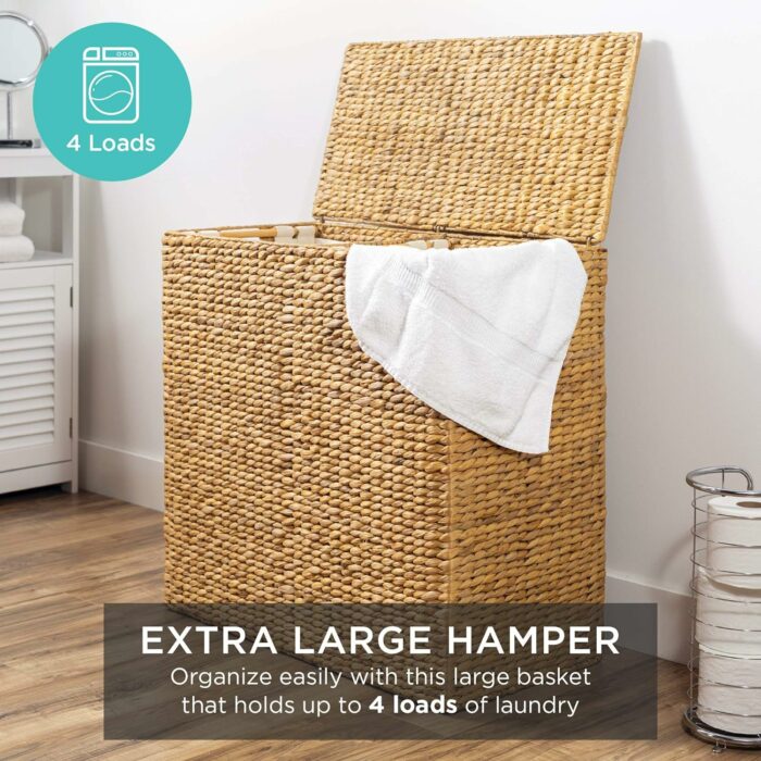 Best Choice Products Rustic Extra Large Natural Woven Water Hyacinth Double Laundry Hamper Storage Basket w/ 2 Removable Machine Washable Cotton Liner Bags, Divided Interior, Lid, Handles- Natural