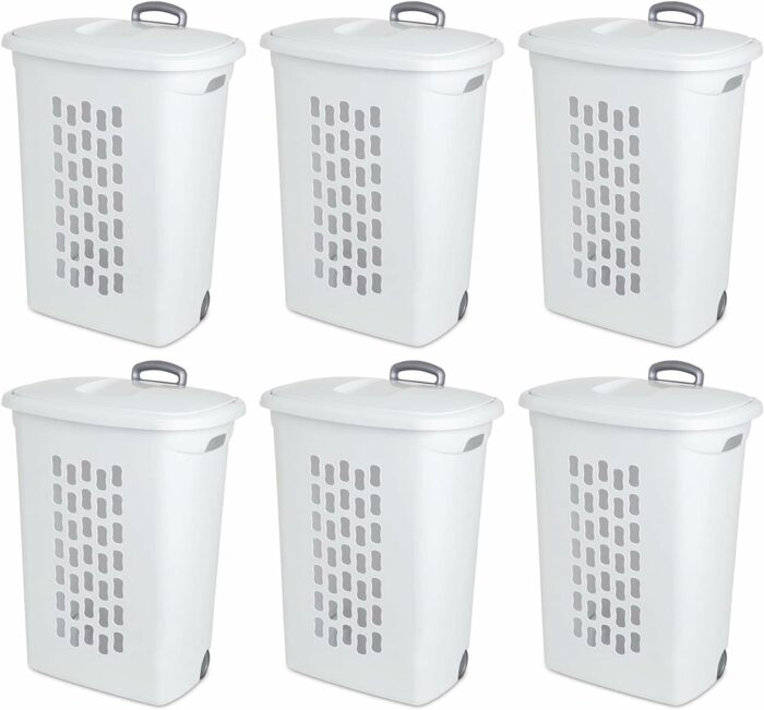 Sterilite Rectangular Plastic Slim Laundry Hamper Basket Bin with Wheels, Lift Top, and Pull Handle for Easy Transportation, White, 6 Pack