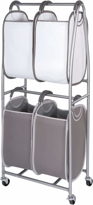 2 Tier Vertical Rolling Laundry Cart by Neatfreak! - Rolling Storage Cart On Wheels With 4 x Tote Hampers For Laundry, Towels, Blankets Bathroom Organization - Quad Laundry Sorter