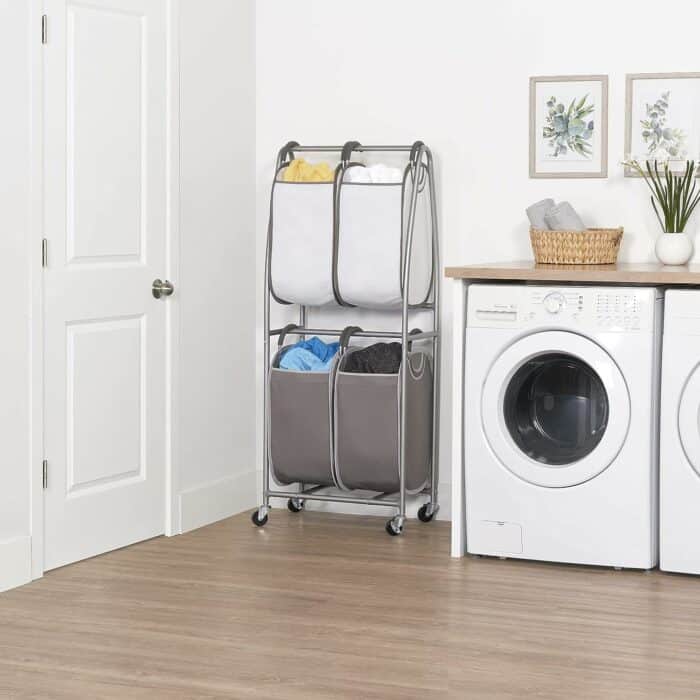 2 Tier Vertical Rolling Laundry Cart by Neatfreak! - Rolling Storage Cart On Wheels With 4 x Tote Hampers For Laundry, Towels, Blankets Bathroom Organization - Quad Laundry Sorter
