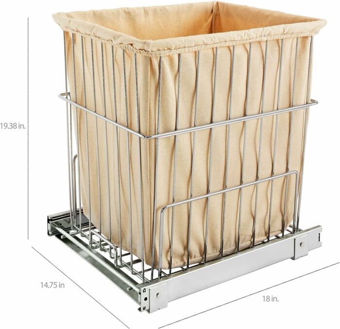 Rev-A-Shelf HRV-1520 S CR Cabinet Floor Mounted Pullout Wire Clothes Laundry Hamper Basket with Liner and Full Extension Slides, Chrome