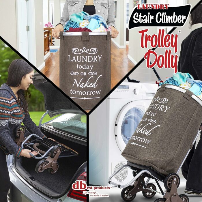 dbest products Stair Climber Laundry Trolley Dolly, Brown Laundry Bag Hamper Basket cart with wheels sorter