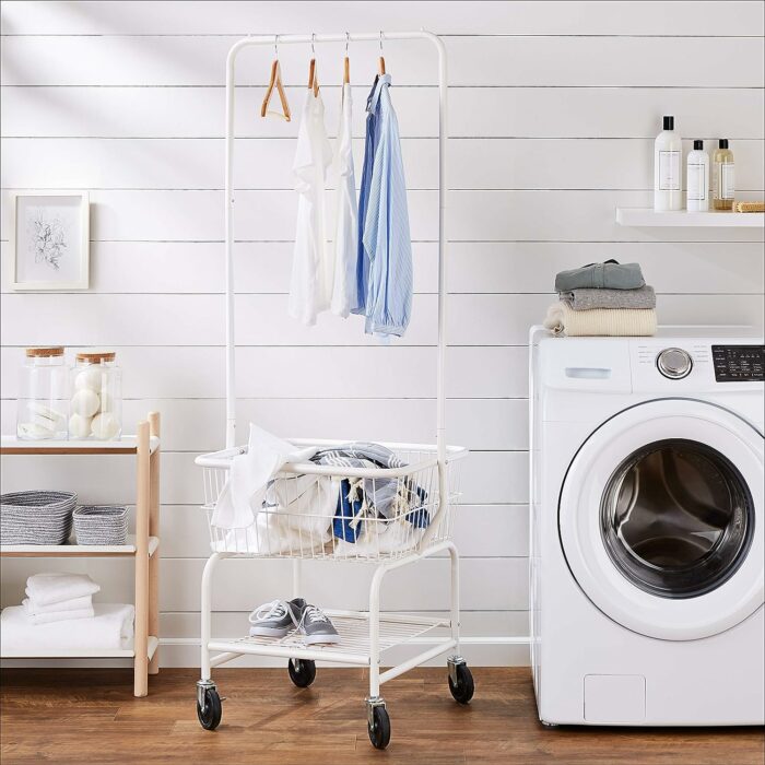 Amazon Basics Rectangular Laundry Hamper Basket Butler Cart with Wheels and Hanging Rack, White