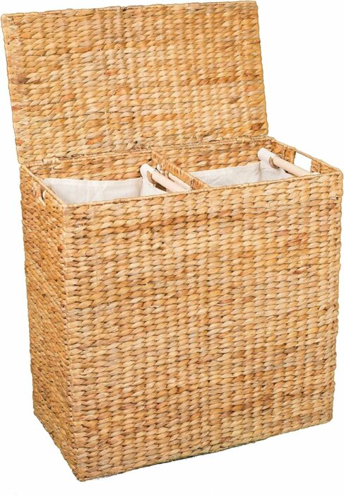 Double Laundry Hamper with Lid | Removable liner bags | Hand Woven Hyacinth | Natural wicker laundry basket