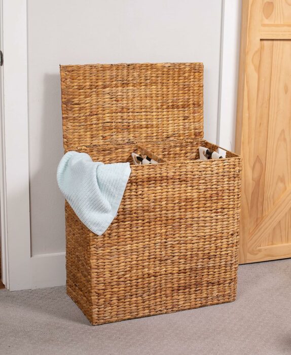 Double Laundry Hamper with Lid | Removable liner bags | Hand Woven Hyacinth | Natural wicker laundry basket