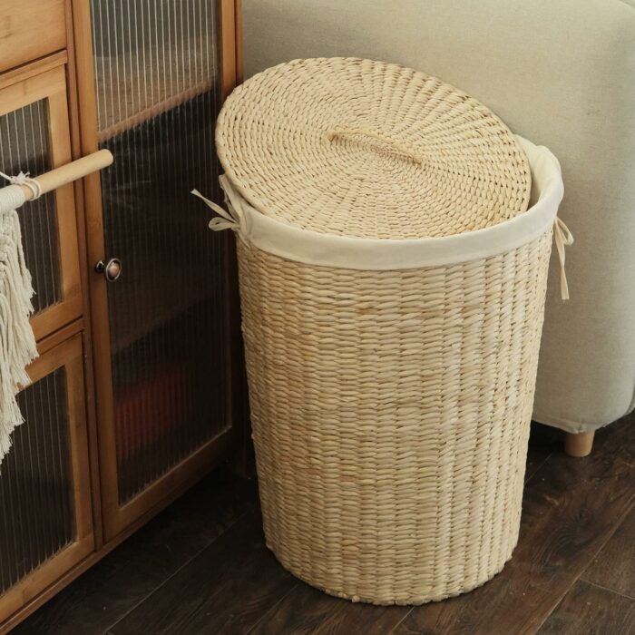 Furnnylane Handmade Wicker Laundry Basket with Lid,Hand-woven Laundry Hamper with Removable Liner,Large Laundry Basket with Ample Laundry Space