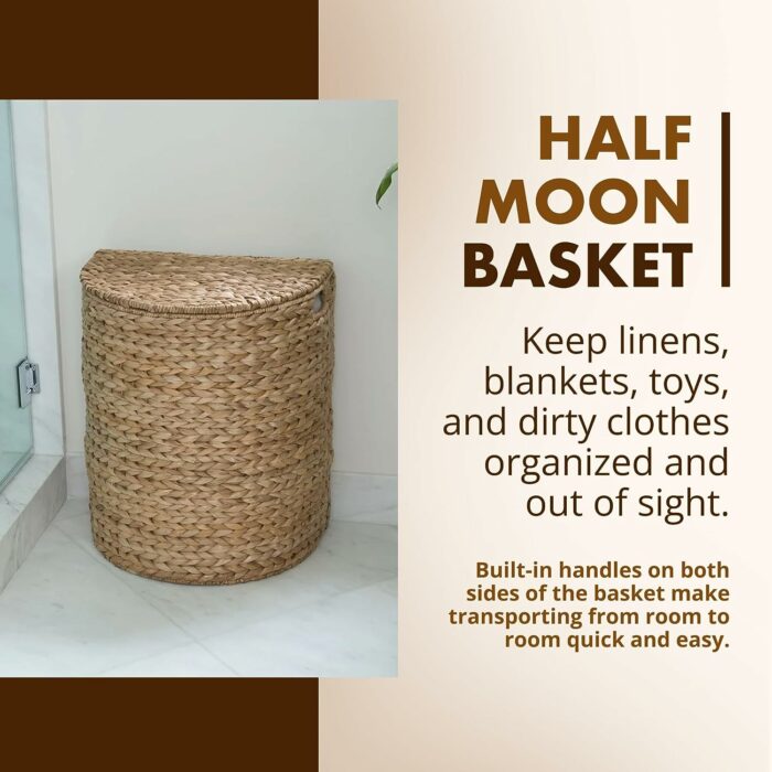 KOUBOO Seagrass Half Moon Basket, Handwoven Laundry Hamper Basket with Lid, Handles, Removable Liner, Home Decor and Organization, Natural