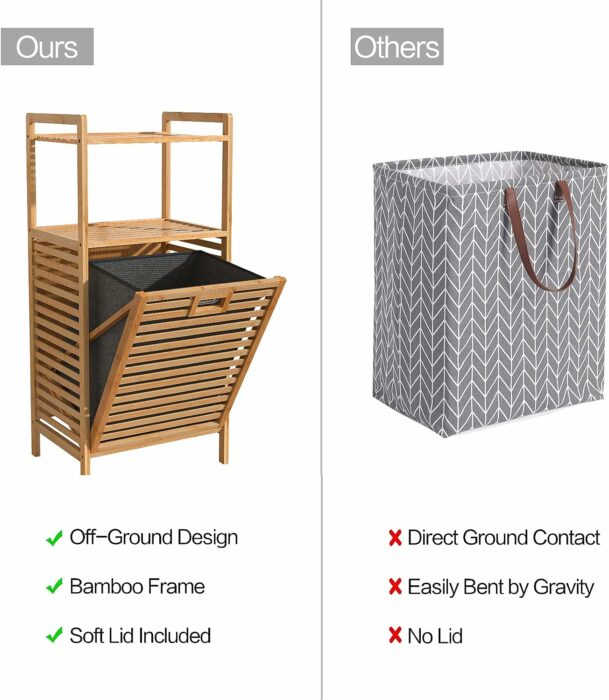 Bamboo Tilt-Out Laundry Hamper Cabinet, Bathroom Storage Cabinet with Basket, Shelves and Handles for Clothes, Bedroom, Bathroom and Closet