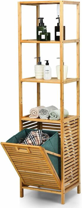 Giantex 63 Tilt Out Laundry Hamper and 4-Tier Storage Shelves, Removable Clothes Basket with Easy Carry, Bamboo Tower Hamper Organizer, Great for Bathroom, Bedroom, Laundry Room, Closet, Nursery