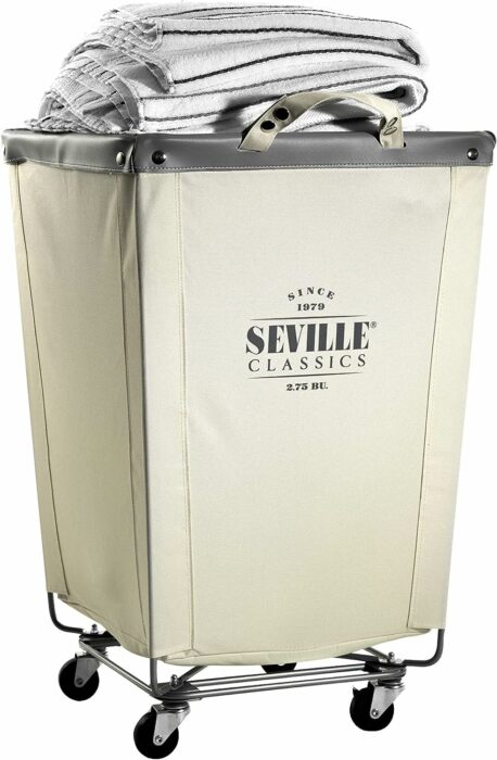 Seville Classics Large Commercial Heavy Duty Rolling Steel Frame Laundry Hamper Canvas Cart Bin, w/ Wheels for Hotel, Home, Closet, Bedroom (PATENTED), Cream, 18.1 D x 18.1 W