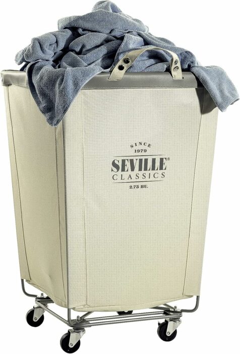 Seville Classics Large Commercial Heavy Duty Rolling Steel Frame Laundry Hamper Canvas Cart Bin, w/ Wheels for Hotel, Home, Closet, Bedroom (PATENTED), Cream, 18.1 D x 18.1 W