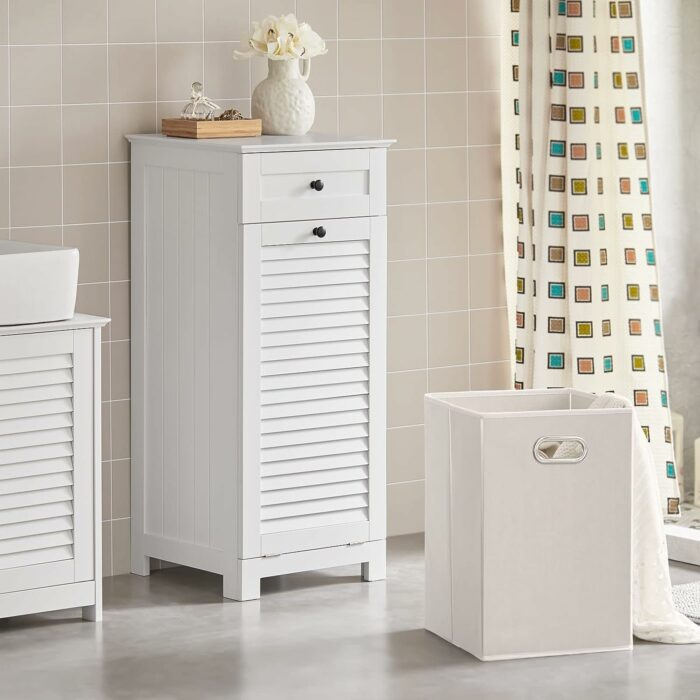 Haotian BZR73-W, White Bathroom Laundry Basket, Laundry Cabinet, Tilt-Out Laundry Hamper, Bathroom Storage Cabinet with Drawer and Shutter Door