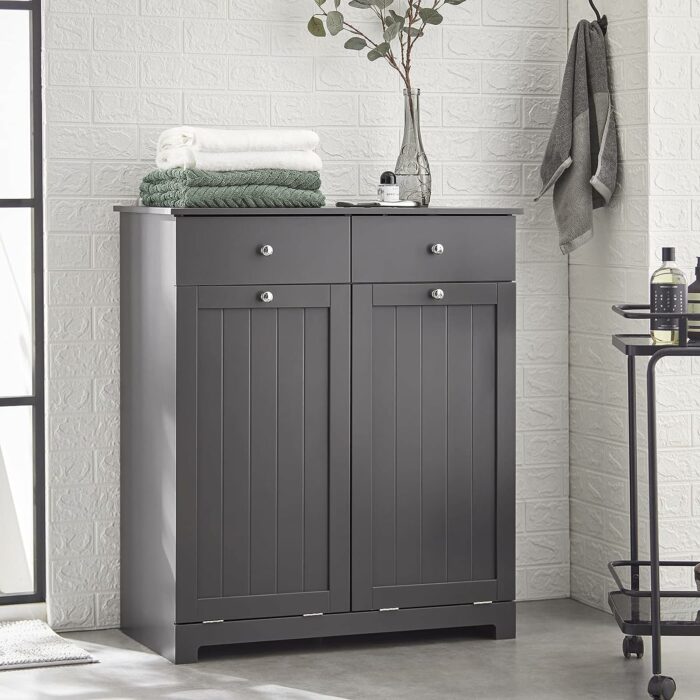 Haotian BZR33-DG, Grey Bathroom Laundry Cabinet with 2 Baskets and 2 Drawers, Tilt-Out Laundry Hamper, Bathroom Storage Cabinet Unit with Drawer