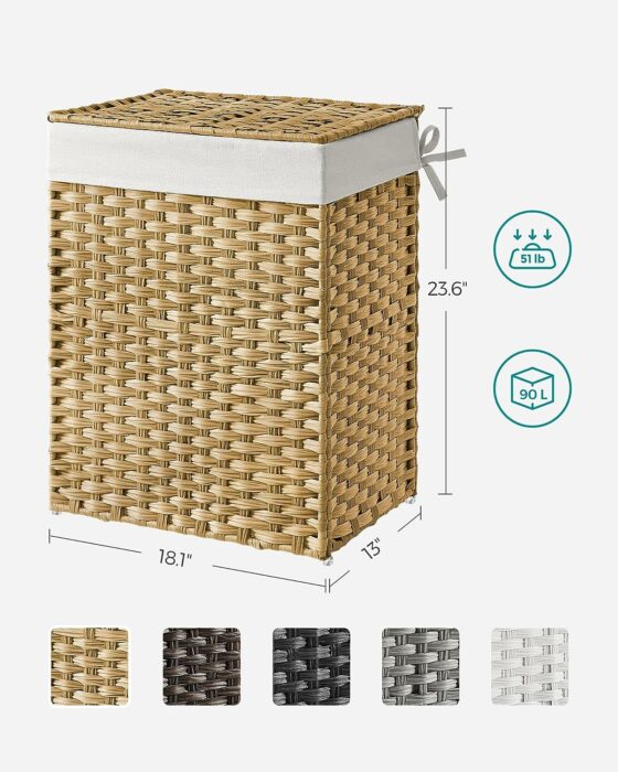 SONGMICS Handwoven Laundry Hamper, 23.8 Gal (90L) Synthetic Rattan Clothes Laundry Basket with Lid and Handles, Foldable, Removable Liner Bag, Natural ULCB51NL