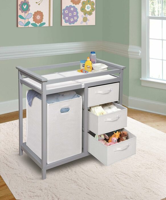 Badger Basket Modern Baby Changing Table with Laundry Hamper, 3 Storage Baskets, Pad, Cool Gray/White