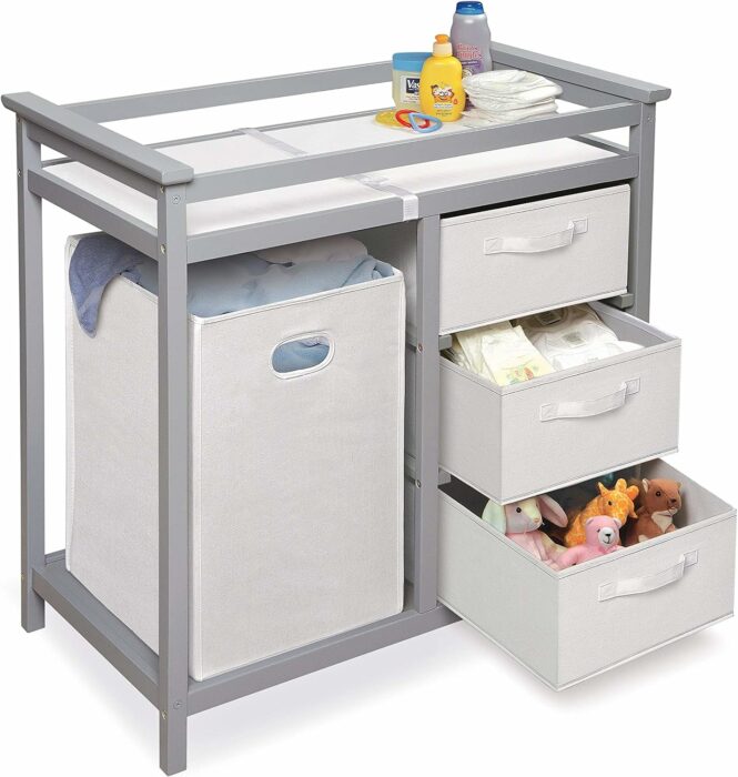 Badger Basket Modern Baby Changing Table with Laundry Hamper, 3 Storage Baskets, Pad, Cool Gray/White