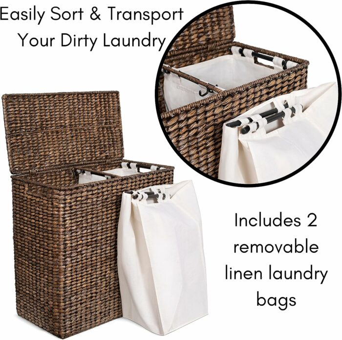 BirdRock Home Oversized Divided Hamper with Liners and Lid - Brown Wash - Handwoven Natural Woven Seagrass Fiber - Organize Clothes Storage - Easy Transport - Extra Large Double Basket - 2 Liners