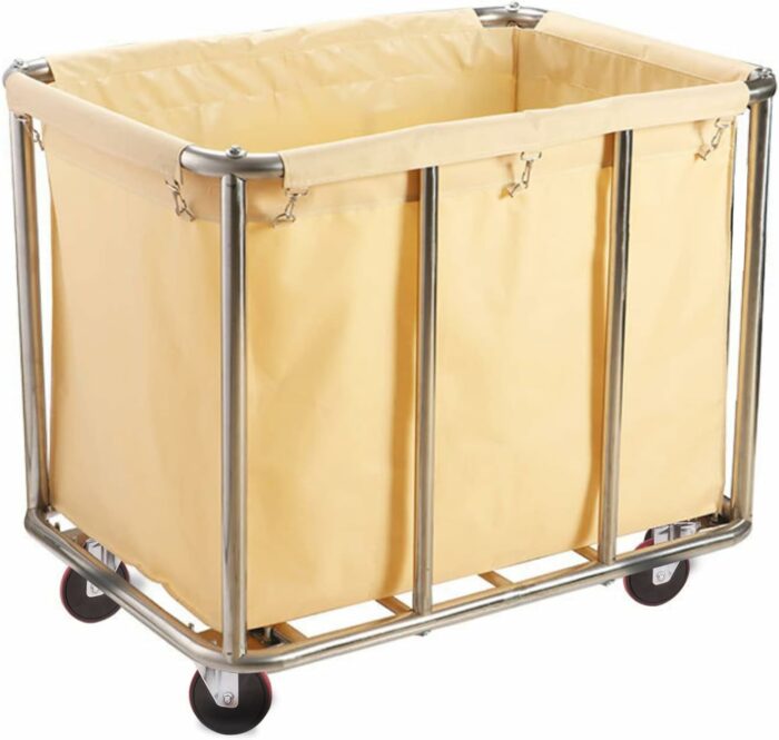 Commercial Laundry Cart with Wheels, 11.35 Bushel Large Laundry Tumbler with Removable Waterproof Canvas Lined Basket, Heavy Duty Stainless Steel Laundry Basket for Hotels and Hospitals