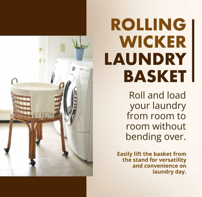 KOUBOO Rolling Wicker Laundry Basket, Handwoven Wicker Hamper with Removable Cotton Liner, Stand, Locking Caster Wheels, Honey Brown