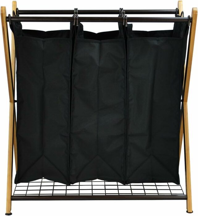 Oceanstar XBS1484 Bamboo 3-Bag Laundry Sorter Black, 29.75 in. H x 19.10 in. W x 27 in.
